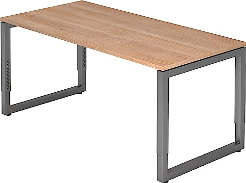 bümö höhenverstellbarer Schreibtisch R-Serie 160x80 cm in Nussbaum, Gestell in Graphit - PC Tisch für's Büro manuell höhenverstellbar, Computertisch verstellbar