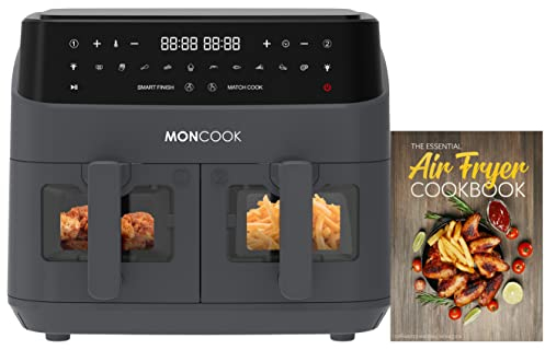 MONCOOK Double Air Fryer With Light Up Viewing Glass - Energy Efficient Airfryer Oven Alternative - 9L Twin 4.5L Baskets - 50 Recipe Cookbook - Smart Finish Function - 10 Pre-Set Cooking Programs