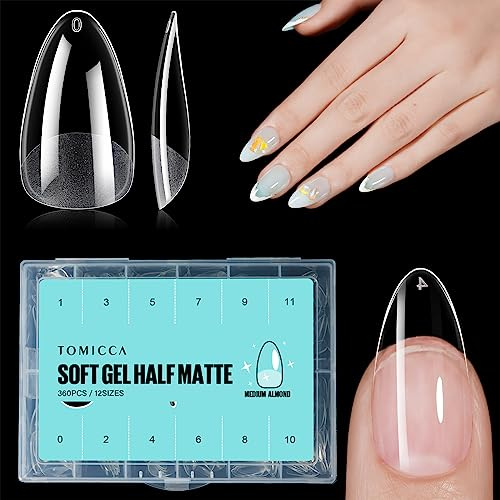 TOMICCA Medium Almond Nail Tips, 360PCS Clear Half Matte Full Cover for Extensions, Pre-Buff No File Traceless for Nail Art Salon and Home DIY, 12 Sizes