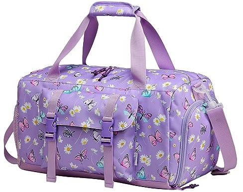 Bolsa de Viaje Infantil, Kasgo Bolsa Deporte Niña Bolsa Danza Ligero Bolso de Fin de Semana con Compartimento de Calzado Impermeable Bolsas de Hombro Niña para Gimnasio Atlético Cámping, Mariposa