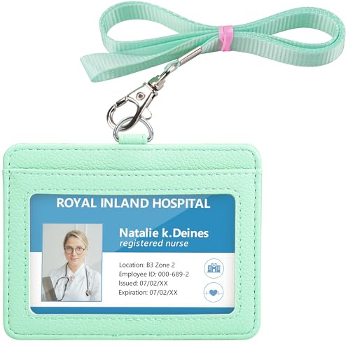 Teskyer Card Holder with Lanyard, ID Badge Holder, Oyster Card Holder, Bus Pass Holder, with Clear Window, Holding 2 Cards, PU Leather, Horizontal, Aqua Green