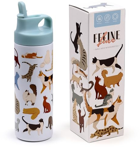Puckator Feline Fine Cats Hot & Cold Flip Top Drinks Bottle 500ml - Stainless Steel Metal Insulated Water Bottles - Flask for Kids Girls Adults Mens Boys Drink Hot and Cold Water Bottle