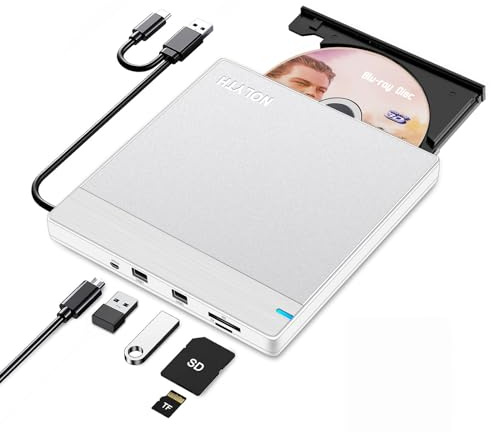 NOLYTH External Blueray/DVD Drive, Portable Bluray Drive External for Laptop with SD TF 2 USB Slots, Slim USB Blu Ray Burner Player for PC Mac Windows MacBook Desktop