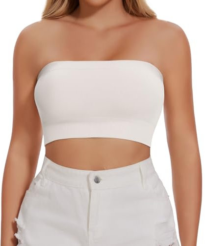 Joyshaper Damen Nahtlos Bandeau BH Trägerloser ohne Bügel Bra Tube Top Push Up Schulterfrei Crop Top Oberteil Weiß,L