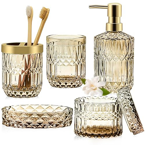 Goldfarbenes Badezimmer-Zubehör-Set, 5-teilig, Badezimmer-Zubehör-Set mit goldfarbenem Seifenspender, Seifenschale, Zahnbürstenhalter, Becher, Wattestäbchen-Gläser