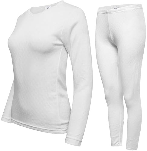 DOLCE ENVY Pack of 1 Womens Thermal Underwear Set Ultra Soft Crew Neck Long Sleeved Base Layer Tops & Bottoms (WHITE, M)