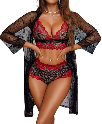 RSLOVE Lenceria Sexy para Mujer Conjunto de Lenceria de Encaje con Albornoz de Malla Conjunto de 3 Piezas Ropa de Dormir Ropa de Dormir Negro Rojo M