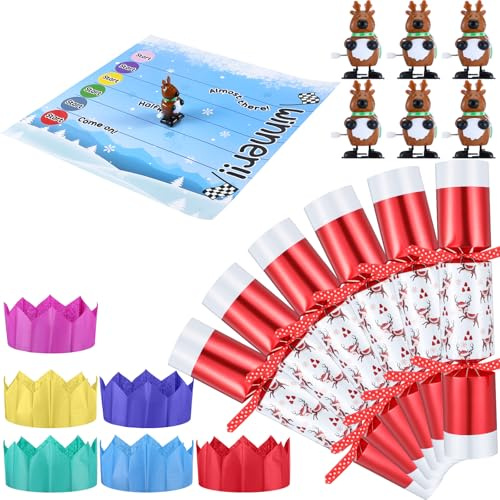 JellyArch 6 Packs Christmas Party Table Favors Christmas No Snap Party Favors Crackers with Wind up Reindeer Paper Hat Holiday Xmas Table Favor Supplies Racing Game for Adults