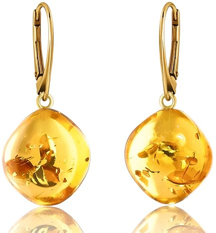 Amber by Mazukna Leverback Dangle Earrings for Women – Gold-Plated 925 Silver Drop Earrings with Natural Yellow Baltic Amber Piece, Lightweight Jewelry with Secure Closure for Everyday Elegance (Amber Cushion)