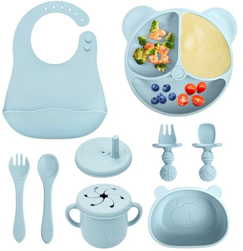 VIRIECH Baby Geschirrset, Kindergeschirr-Set mit Saugnapf, Silikon Baby Entwöhnungszubehör inklusive wasserdichtem Babylätzchen, Löffel, Gabel, Schüssel, Becher, Trinklernbecher und Teller (9, Blau)