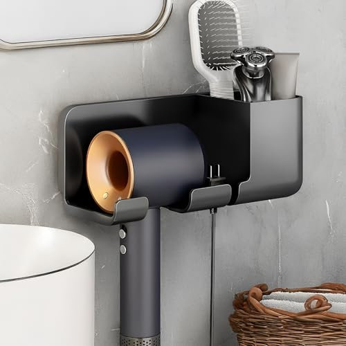 CRITIVE-S Hair Dryer Holder Wall Mounted, Hairdryer Holder Station Straightener Holder, Hair Dryer Stand with Plug Hook & Organiser Storage Rack for Comb Curling Razor Face Wash Toothpaste Toothbrush