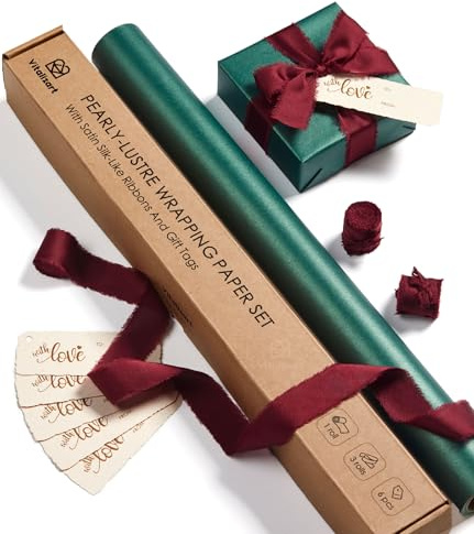 Vitalizart 43cm*5m Dark Green Gift Wrapping Paper Set, Pearly-Lustre With Burgundy Silky Satin Ribbon & Gift Tags, Wrapping Paper Roll for Christmas Birthday Wedding Gift & Handmade Crafts