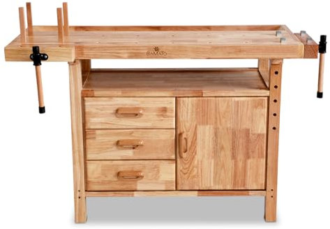 BAMATO Hobelbank WORK-1380 aus Massivholz | 4X Bankhaken je aus Holz & Metall | Arbeitshöhe 84cm | Softclose | 3X Schubladen | Werkbank Werkzeugbank Holzwerkbank