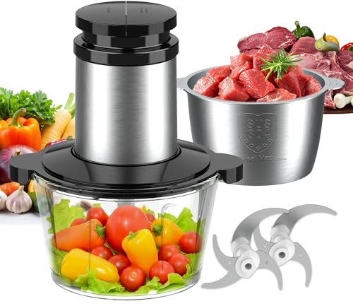 Becontrip Picadora Eléctrica de Alimentos 500W, 2 Velocidades + 2 Tazones (Vidrio 2L + Acero 2L), 4 Cuchillas Inoxidables - con Motor Cobre Tritura Mini Food Processor Para Carne/Hielo/Vegetales