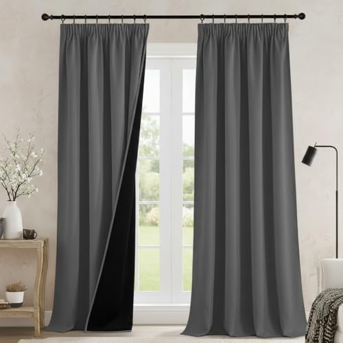 PONY DANCE 100% Blackout Thermal Insulated Curtains, 52x90 Inch, Grey | Pencil Pleat Rod Pocket Curtains for Bedroom and Living Room, 2 Panels, Noise Reduction, Light Blocking & Privacy Drapes