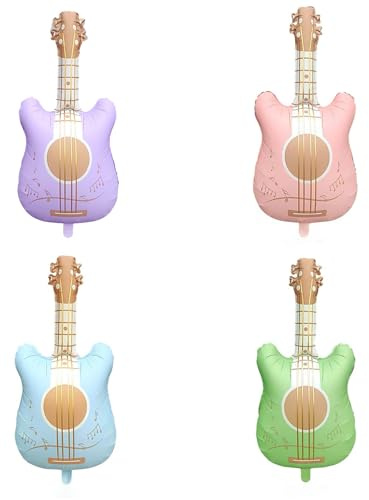 Gleemix 4 Stück Folienballons Kindergitarre Deko, Riese Hawaii Luftgitarren Zum Aufblasen, 86x46 Aufblasbare Gitarre, Wiederverwendbare Musikballons für Geburtstags Musikfestivals Mottoparty Karneval