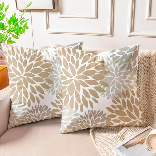 Miuyunya Juego de 2 Terciopelo Decorativo Funda de Cojíns Beige 50 x 50 cm Funda Cojin Decorativas Modernas Gris Flores de Dalia Fundas de Almohada Decoración para Sala de Estar Cama Silla