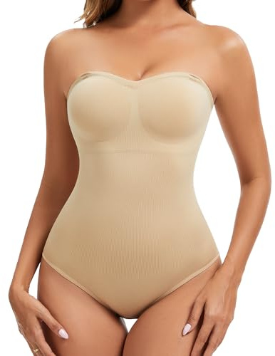 ciksob Strapless Shapewear for Women Tummy Control Bodysuit with Built-In Bra Body Shaper Tube Top with Removable Strap (Beige, Large)