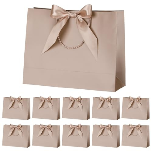 10 Pcs Champagne Gift Bags with Bow Ribbon, Paper Party Favor Prentsent Bag with Handles for Graduation Wedding Birthday Party 12.5x10x4.3 Inches