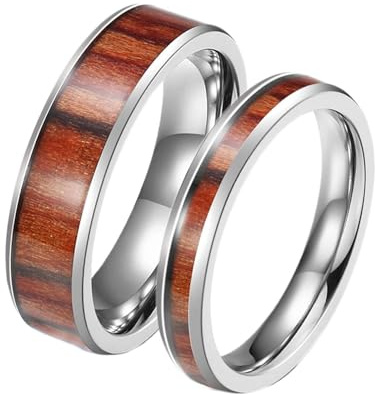 TYKHGFS Kvinnor och herrförlovningsringar set, rostfritt ållöftringar för par 4/6mm polerad runda med träkorns silverbrun ringset