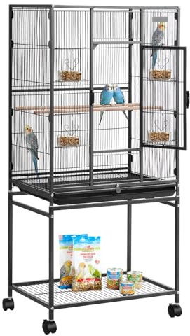 VEVOR Jaula para Pájaros, 625 x 425 x 1370 mm, Techo Plano, Hierro Forjado, con Perchas, Bandeja Extraíble y Comederos Plástico, Ruedas, para Loros, Herrerillos Comunes, Cacatúas Ninfas, Canarios