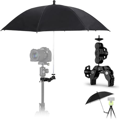 65CM/25.59 Camera Tripod Umbrella with Super Clamp, 360° Adjustable Camera Rain Cover Sun Shade Weather Guard Umbrella for Canon Nikon Sony Fujifilm Xbotgo Cameras Outdoor Photographing Filming