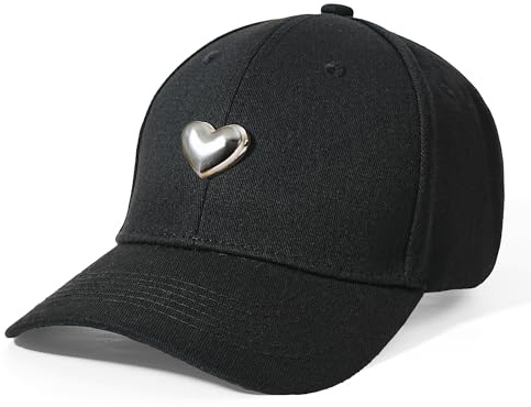 Jeasona Cotton Baseball Cap with 3D Metal Heart Accent - Adjustable, Chic & Minimalist Dad Hat for Hiking & Casual Wear Black