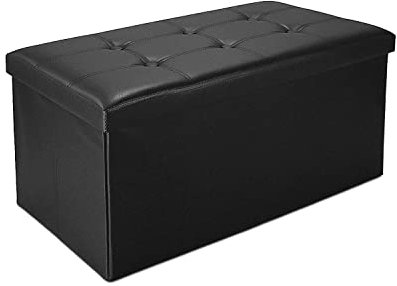 Todeco - Banc Pliant, Ottoman avec Espace de Stockage - Charge maximale: 150 kg - Matériau: Simili-Cuir - Finition piquée et capitonnée, 76 x 38 x 38 cm, Noir