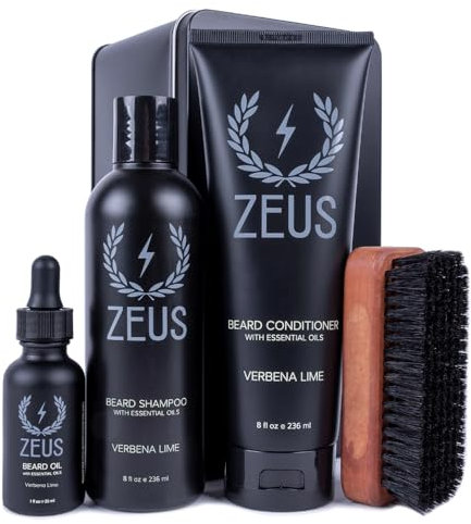 ZEUS Kit per la cura della barba deluxe per uomo - Set regalo per la cura della barba per ammorbidire i peli e prevenire prurito e forfora (Verbena Lime)