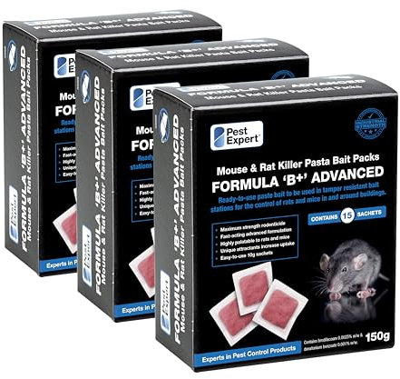 Pest Expert Formula B+ Advanced Rat & Mouse Poison Pasta Bait Sachets 450g (3 x 150g) Maximum Super Strength - Single Feed Brodifacoum