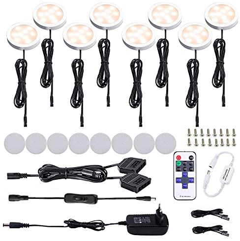 AIBOO LED Schrankleuchten 8er Komplettset, Unter Kabinett Beleuchtung mit Fernbedienung, Küchenlampen Vitrinenbeleuchtung Warmweiß 2700K, LED Unterbauleuchte Set Inklusiv alle Zubehör