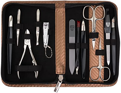 DREI SCHWERTER - 12-tlg. Nagel Set 'Palermo' | Hochwertiges Maniküre & Pediküre Nagel-Etui: Farbe: Kunst Leder Karbon-Kupfer | Inhalt: 12 Instrumente inkl. Nagelschere, Nagelknipser, Glasfeile etc.