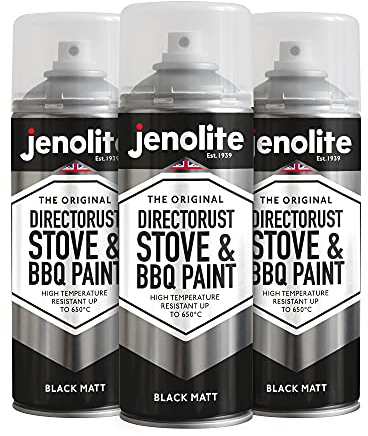 JENOLITE Directorust Grill & Ofen Sprühfarbe - Schwarz Matt | 3x400ml I Hitzebeständiger Lack I Hochtemperatur Lack bis 650°C I Grill Spray, Ofenlack, Kaminlack, Grillkamin Farbe, Auspufflack & mehr