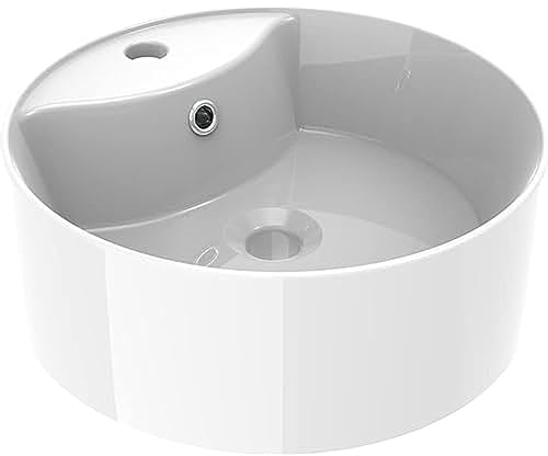 ERCOS Runder Aufsatzwaschtisch aus Keramik, Weiß poliert, Badwaschbecken mit integriertem Überlauf, Durchmesser 406 MM