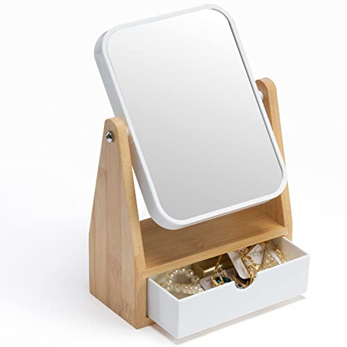 YEAKE Vanity Makeup Mirror with Storage, 1X/3X Magnifying Mirror with Adjustable Natural Bamboo Stand,Portable Small Table Desk Countertop Mirror with Drawer, Bathroom Shaving Mirror(Rectangular)