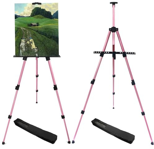 RRFTOK Artist Art Painting Easel Stand, Aluminum Metal Adjustable Easel for Painting Canvases Height from 17 to 66 Inch,Carry Bag for Table-Top/Floor Drawing,Painting and Displaying(2pack,Pink)