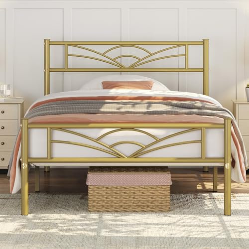 Yaheetech 3ft Single Bed Metal Slatted Bed Frame with Cloud-inspired Design Headboard, Under-bed Storage Antique Gold