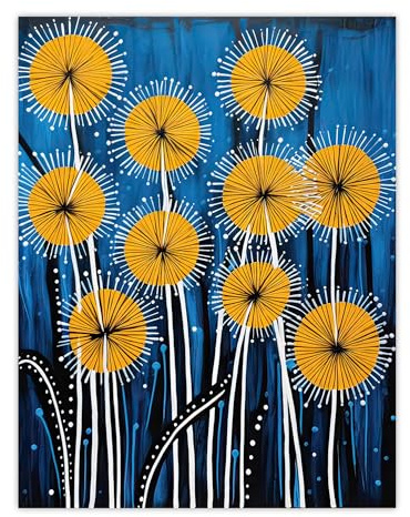 Artery8 Dandelion Flower Seeds Gond Style Painting Blue Yellow Abstract Summer Meadow Patterns Large Wall Art Poster Print Thick Paper 18X24 Inch