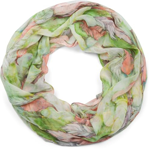 styleBREAKER bufanda de mujer con estampado de plumas coloridas, ligera bufanda de tubo boho de verano multicolor 01016239, color:Verde-naranja