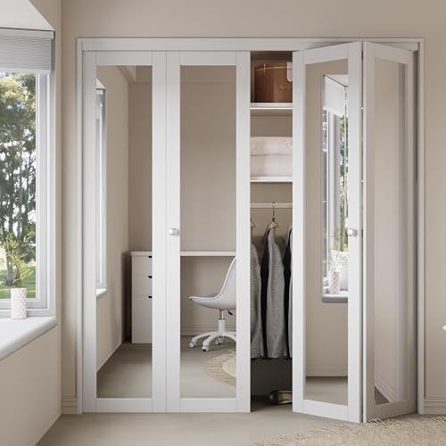 Bifold Doors for 48 x 80 Opening, Mirror Bifold Closet Door with Hardware Kit, Folding Doors Panel for Closet with Water&Scratch-Resistant Surface, Solid Core Pre-Assembled Panels, Easy to Install
