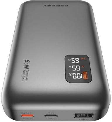 ASPERX 65W 20000mAh Power Bank Fast Charging, Laptop Portable Charger with Smart Digital Display, USB C PD Battery Pack for iPhone 16/15/14/13, Samsung Galaxy, Dell, iPad, AirPods, etc.