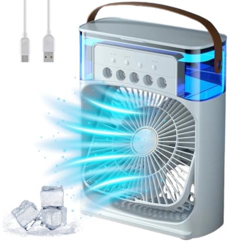 Ventilador aire frio portatil con USB C, mini aire acondicionado portatil con agua pulberizada, climatizador portatil con Temporizador Autoapagado,7 colores LED, para coche, hogar, camping, oficina