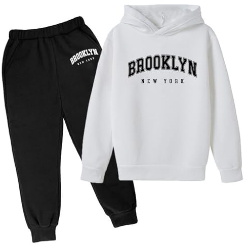 SoLu DAY8 Boys Tracksuit Set Letter Printed 3-13 Years Fall Winter Long Sleeve Hoodie Pullover Sweatshirt and Pants Clothing Sets Child Kids Teens 2 Piece Casual Jogging Running (White, 12-13 Years)