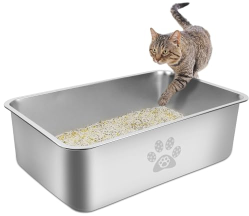 PTLOM Stainless Steel Cat Litter Tray - Metal Cat Litter Box Low Entry for Senior Cats, Rounded Edges, Rustproof, Non-Stick Pan,Large Cat Litter Tray for Cats, Rabbits & Multi-Cat,60x40x20cm