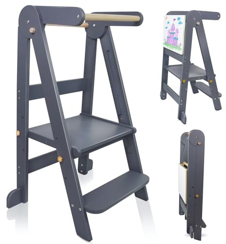 Uuoeebb Lernturm ab 1 Jahr, Klappbarer Lernturm mit 3 Verstellbare Höhe, Learning Tower für Kinder mit Magnetischen Whiteboards, 1-6 Jahre Kinder Lernturm (Dunkelgrau)