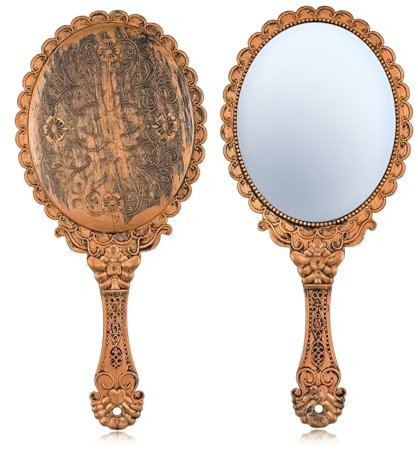 FdcLixuvol 2 PCS Bronze Handspiegel mit Griff, Vintage Hand Spiegel Tragbarer Kosmetikspiegel Oval Schmink Spiegel für Friseur Make Up Zuhause Reise