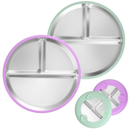 Lyreh 2st Delade Tallrikar för Småbarn med Sugbas, 23cm Diameter BPA-Fri Halkfri Barnplatta i Rostfritt Stål med Avtagbar Silikonhölje Tål Mikrovågsugn i Diskmaskin(Lila och Grön)