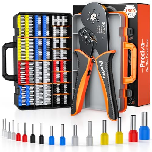 Crimpzangen Aderendhülsen Set, Preciva 0.08-16mm² Crimpzange Sechskant Aderendhülsenzange Presszange mit Aufbewahrungsbox und 1500 Stück Einzeilige Aderendhülsen