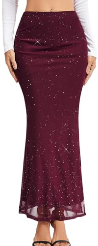 HomRain Women's Burgundy Sequin Sexy Skirt Glitter Maxi Night Out Outfits Bodycon High Waisted Long Skirts with Split Ladies Casual Mesh Skirts for Date Night, Burgundy M