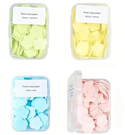 Jabón de papel, 4 hojas desechables de pétalos desechables con aroma diferente, para lavar a mano, jabón de baño soluble, adecuado para exteriores, viajes, camping, 4 cajas (aproximadamente 400 hojas)